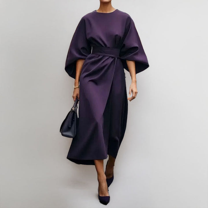 Women's elegant satin maxi dress with batwing sleeves, a draped & flowy long dress ideal for evening wear.