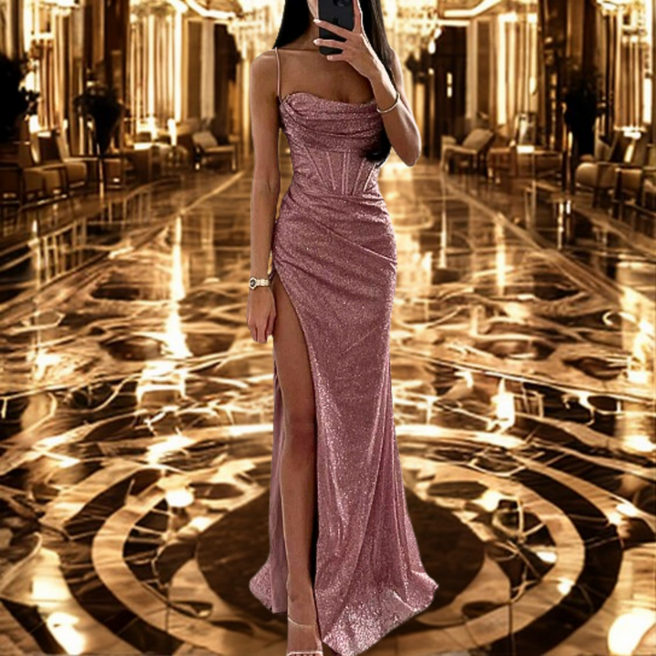 Women's elegant sweetheart neckline satin maxi dress, perfect as a formal evening gown or wedding guest dress.
