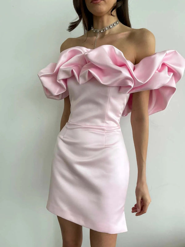 Fashionable women's ruffle midi dress, ideal party or special occasion wear. Elegant satin design.