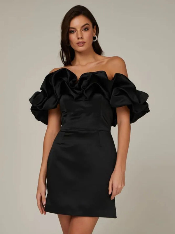 Versatile elegant ruffle midi dress for women. Chic satin fabric, perfect for special occasions & parties.