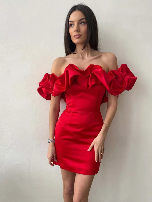 Elise 30 luxe satin midi dress with elegant ruffles, a fashionable choice for women's evening wear.