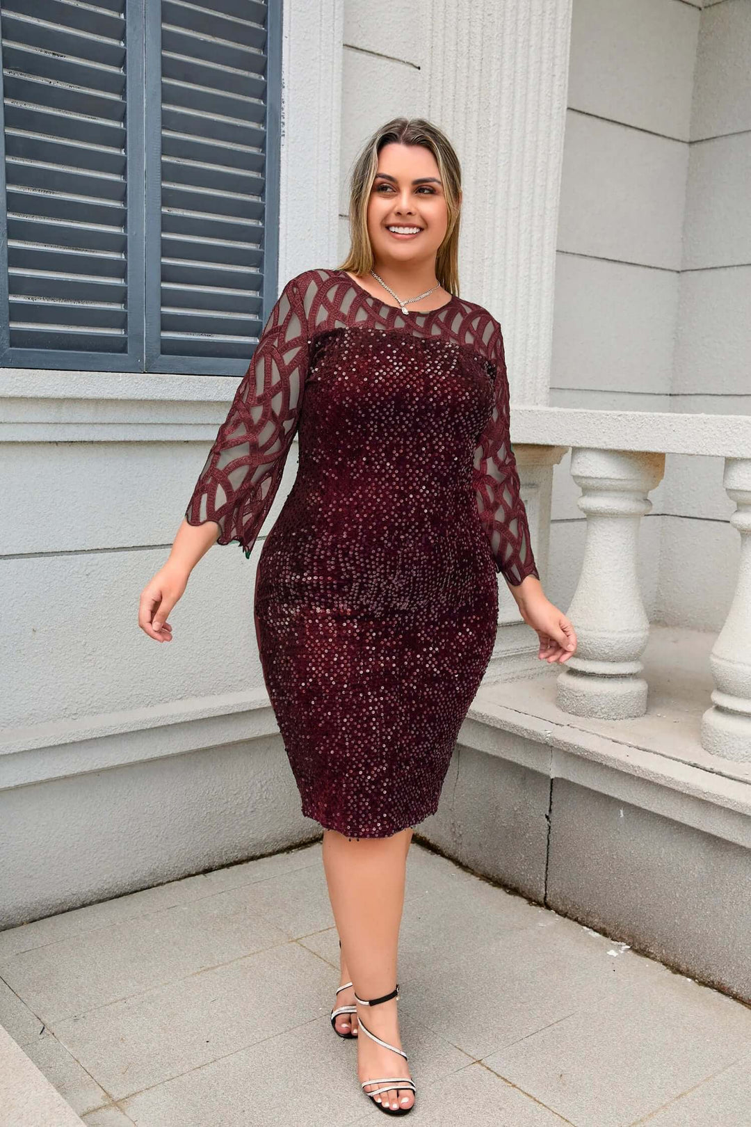 Full-length view: Elegant women's sequin lace cocktail dress, perfect for evening formal wear.