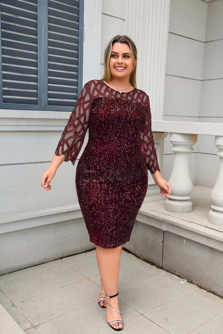Full-length view: Elegant women's sequin lace cocktail dress, perfect for evening formal wear.