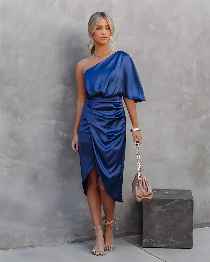 Seraphina elegant women's silk evening dress. Midi length, perfect for cocktail parties & formal wear.