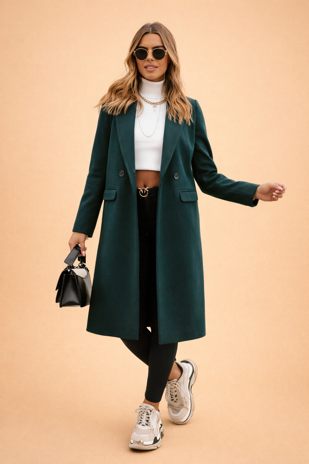 Elegant women's short classic green trench coat, perfect for winter & fall fashion. Timeless stylish outerwear jacket.