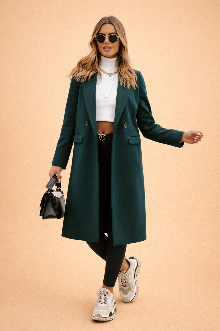 Elegant women's short classic green trench coat, perfect for winter & fall fashion. Timeless stylish outerwear jacket.