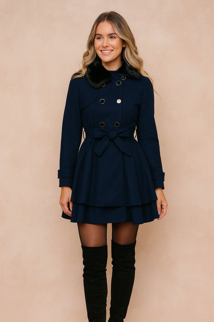 Elegant women's short double-breasted belted coat for winter, featuring a classic style and chic design.