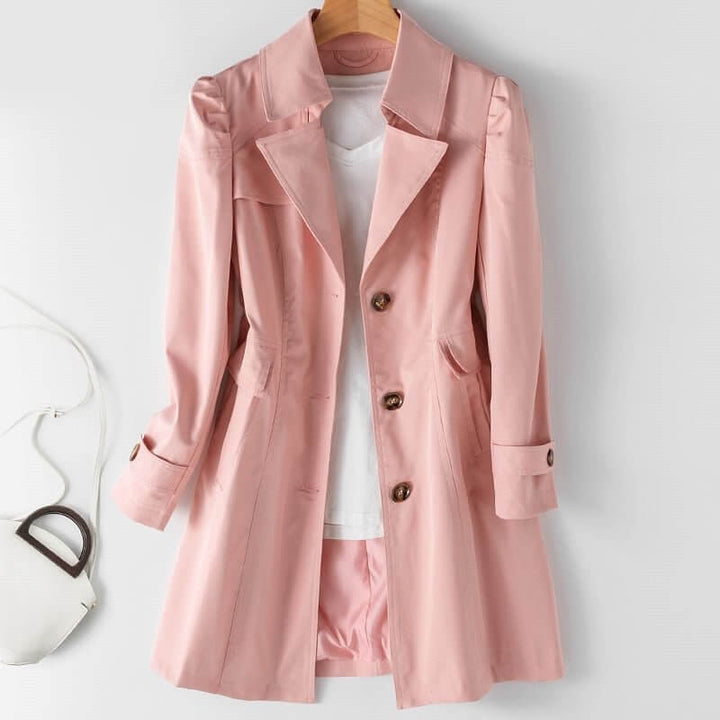 Elegant women's single-breasted trench coat in classic beige, perfect for stylish spring & fall outerwear.
