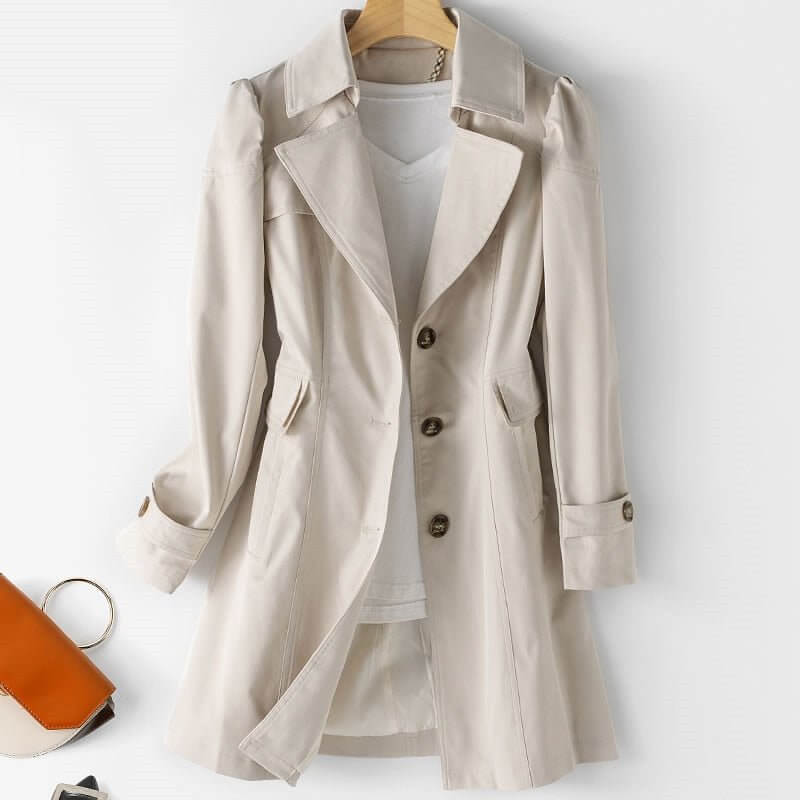 Fashionable ladies single-breasted trench coat, a tailored long jacket for elegant office wear & spring.