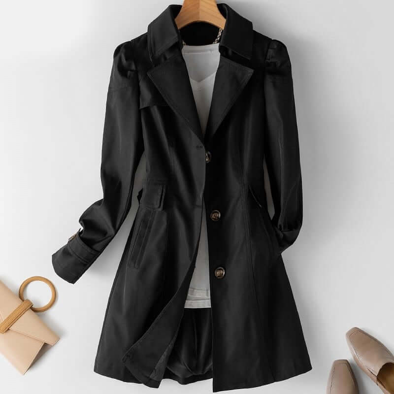 Stylish women's classic single-breasted trench, a versatile long coat for fall, spring & everyday elegance.