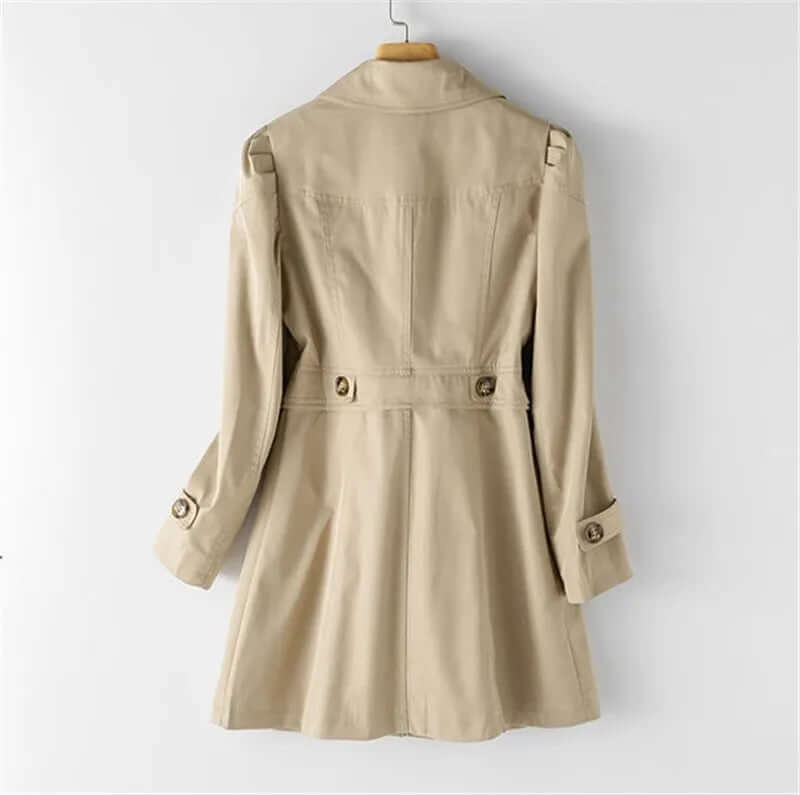 Classic ladies single-breasted trench coat, offering stylish outerwear for spring, fall & office sophistication.