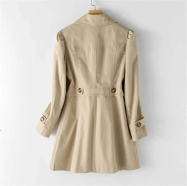 Classic ladies single-breasted trench coat, offering stylish outerwear for spring, fall & office sophistication.