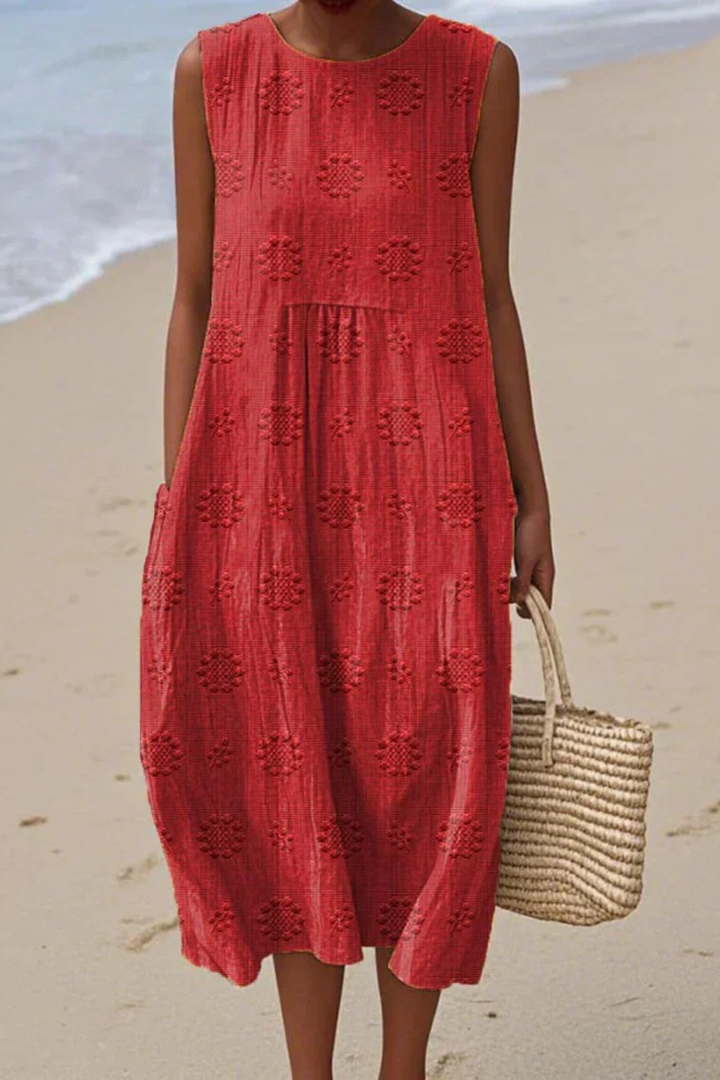 Close-up of elegant women's sleeveless dress featuring delicate embroidery, ideal for spring fashion.