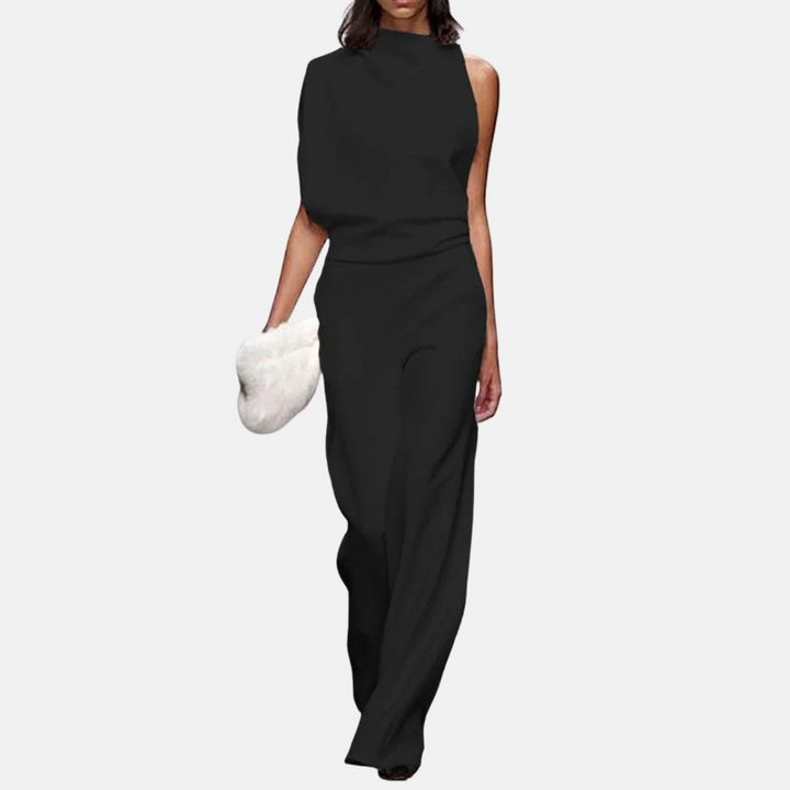 Sophisticated women's sleeveless wide-leg jumpsuit for special occasions. Modern, chic party wear in a solid color.