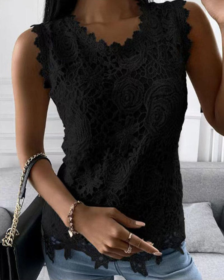 Chic women's solid color sleeveless top with delicate lace detail. Versatile for work, summer, or everyday wear.