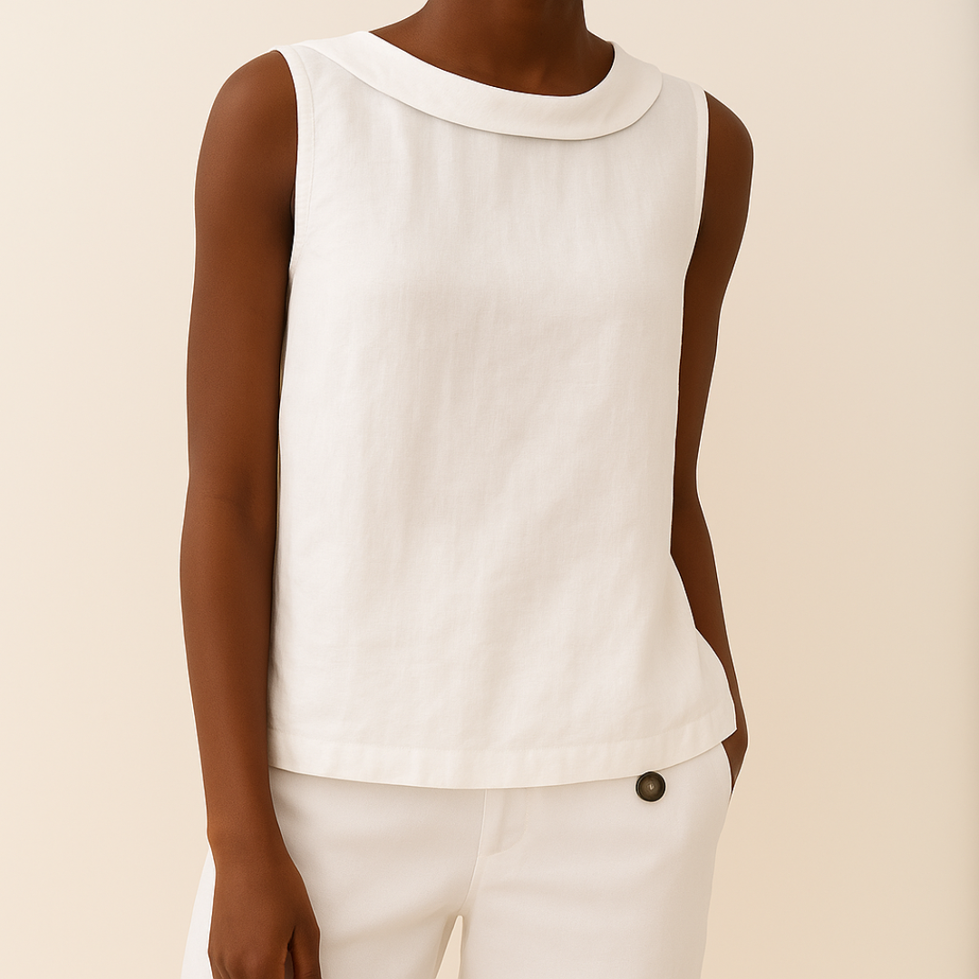 Stylish women's sleeveless top with a sophisticated roll collar, great for modern elegance.