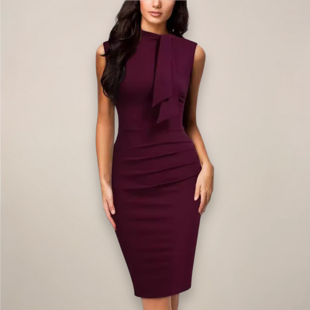 Elegant women's sleeveless sheath midi cocktail dress with high neck & draped bow for formal occasions.