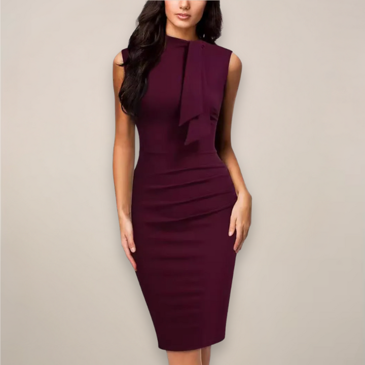 Elegant women's sleeveless sheath midi cocktail dress with high neck & draped bow for formal occasions.