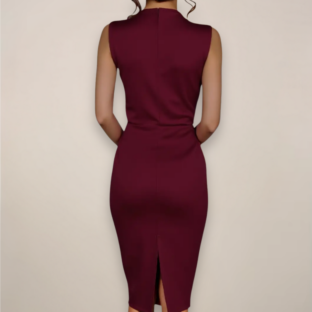 Wine red women's sheath cocktail midi dress, elegant & sleeveless, perfect for parties & workwear.