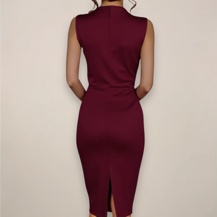 Wine red women's sheath cocktail midi dress, elegant & sleeveless, perfect for parties & workwear.
