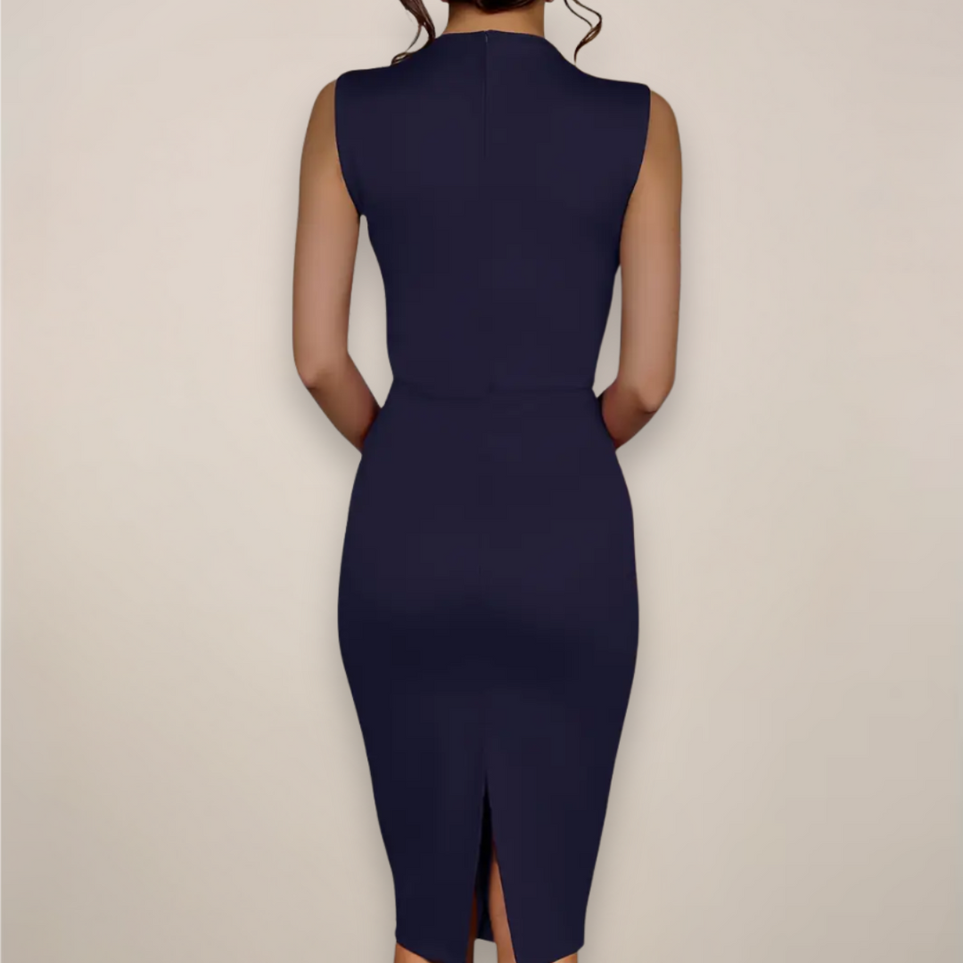 Sleek women's sleeveless cocktail midi dress, a sophisticated sheath design with elegant draped bow.