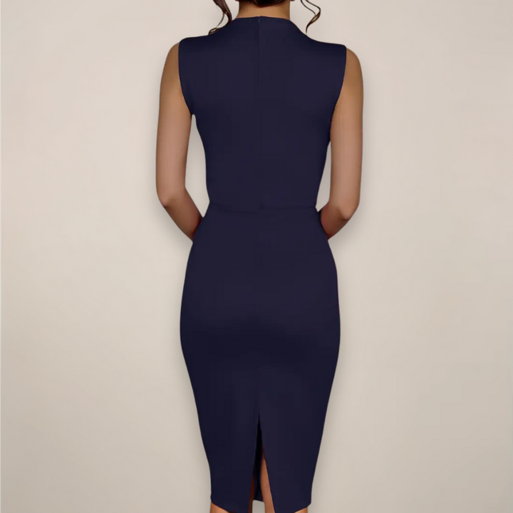 Sleek women's sleeveless cocktail midi dress, a sophisticated sheath design with elegant draped bow.