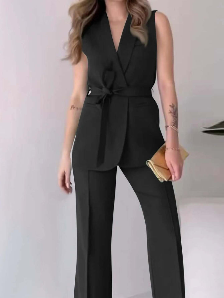 Smart casual women's sleeveless wide-leg jumpsuit. Polished for office, relaxed for weekend style.