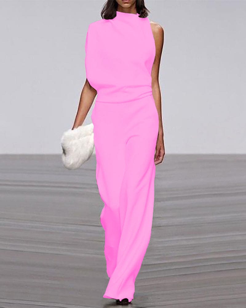 Chic mock neck sleeveless wide-leg jumpsuit for women, offering an elegant and comfortable fit.