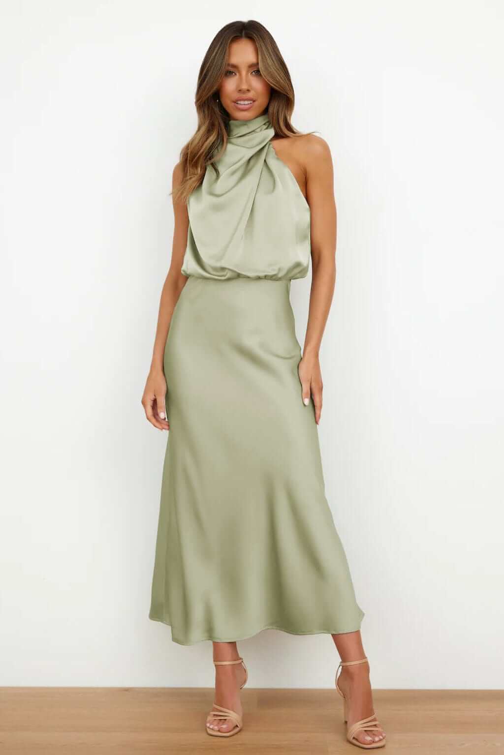 Luxurious satin maxi dress for women, ideal for special occasions & parties.