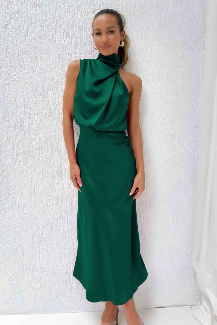 Sophisticated women's satin cocktail dress with a flattering elegant design.