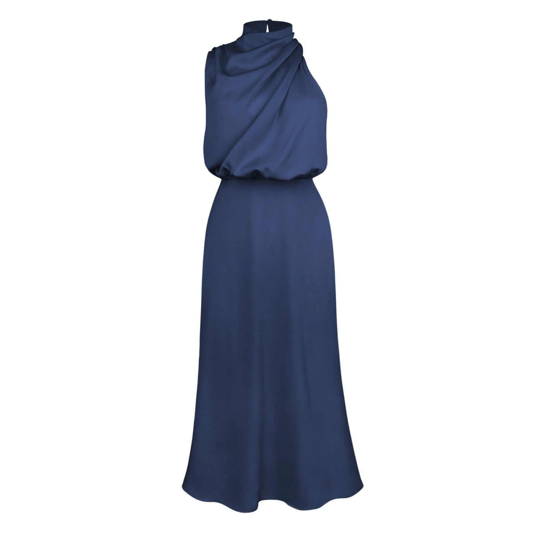 Sleek women's satin evening dress with a slim fit, perfect for special occasions.