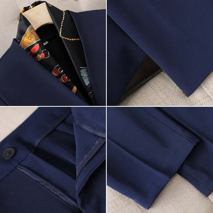 Modern women's elegant slim fit suit with tailored blazer and trousers, ideal for business fashion.