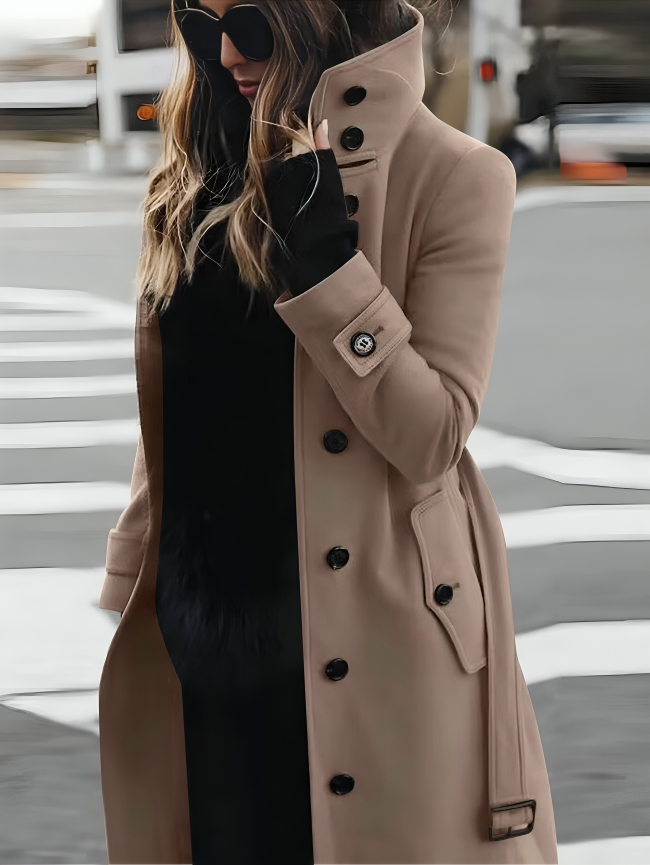 Fitted women's wool winter coat, a stylish and warm long-sleeve jacket for elegant fall & winter fashion.