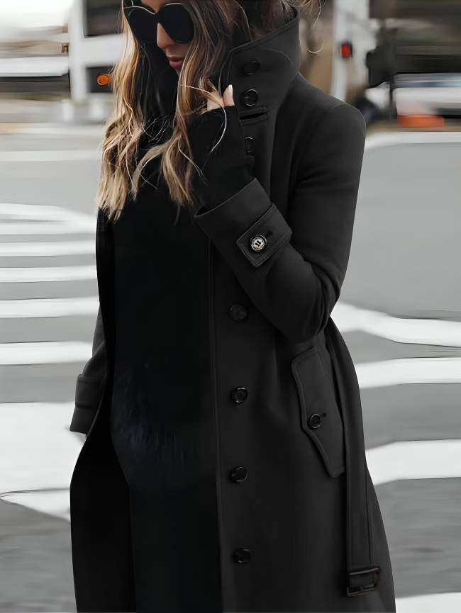 Warm long-sleeve women's wool winter coat, a slim-fit elegant jacket for stylish fall & winter fashion outerwear.