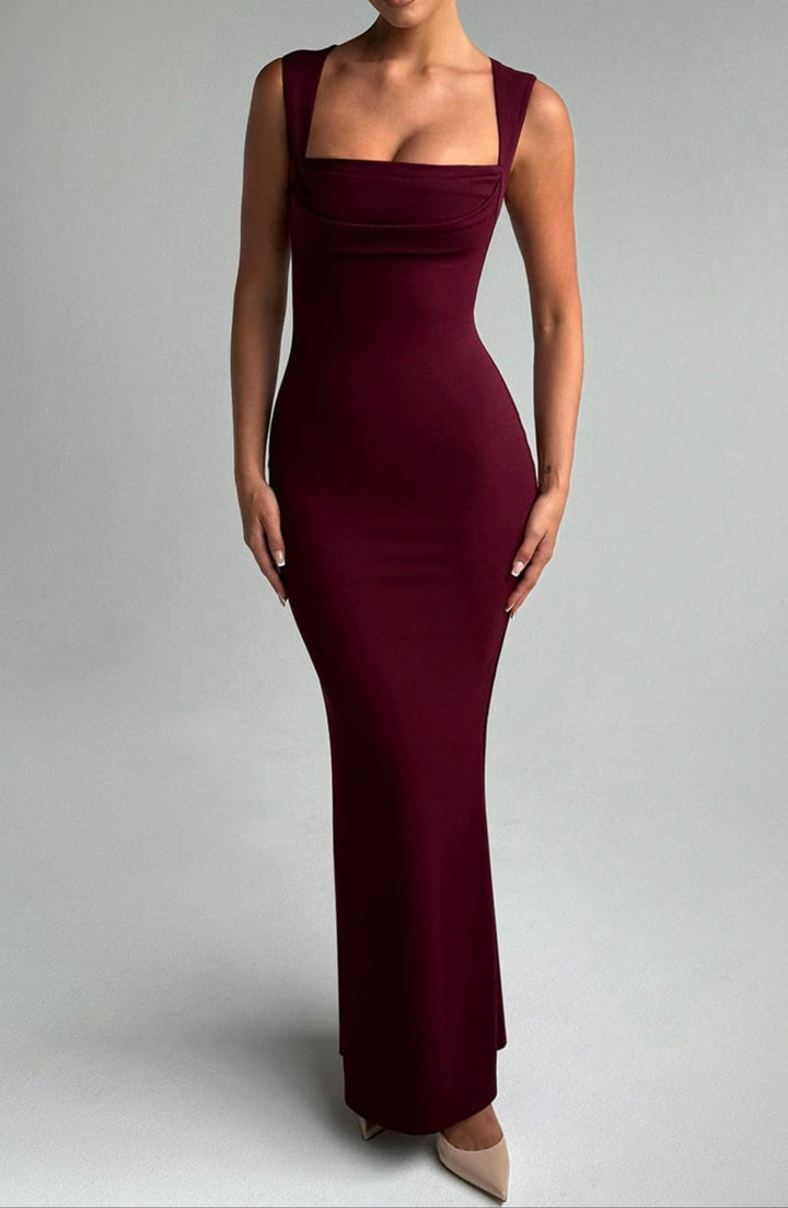 Elegant women's square neck bodycon maxi dress, sleek & sophisticated for evening wear or a cocktail party.
