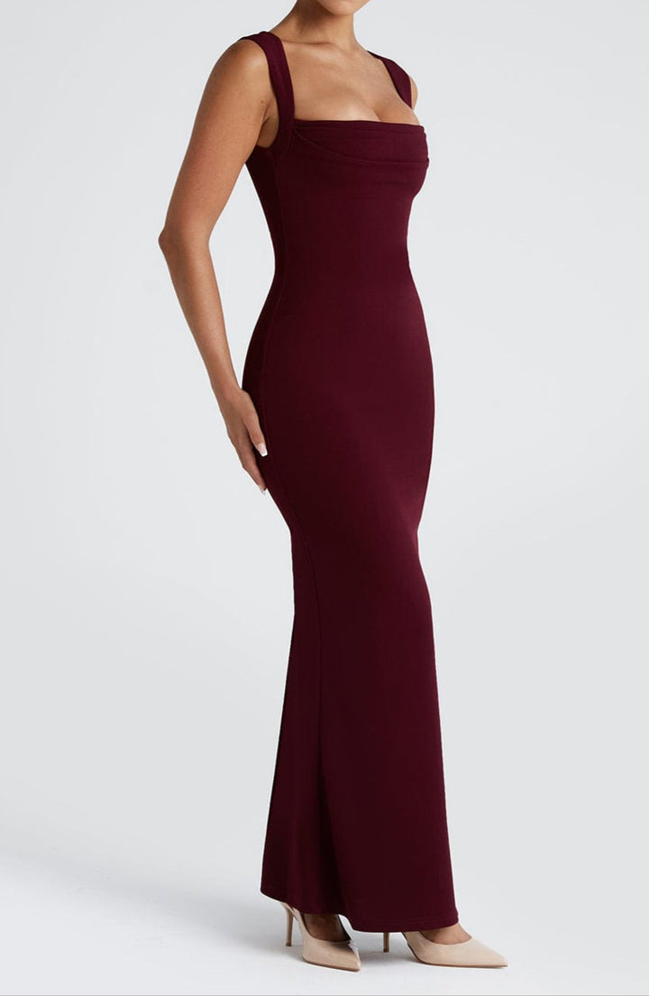 Sophisticated women's square neck bodycon maxi dress, an elegant evening gown for parties and formal events.