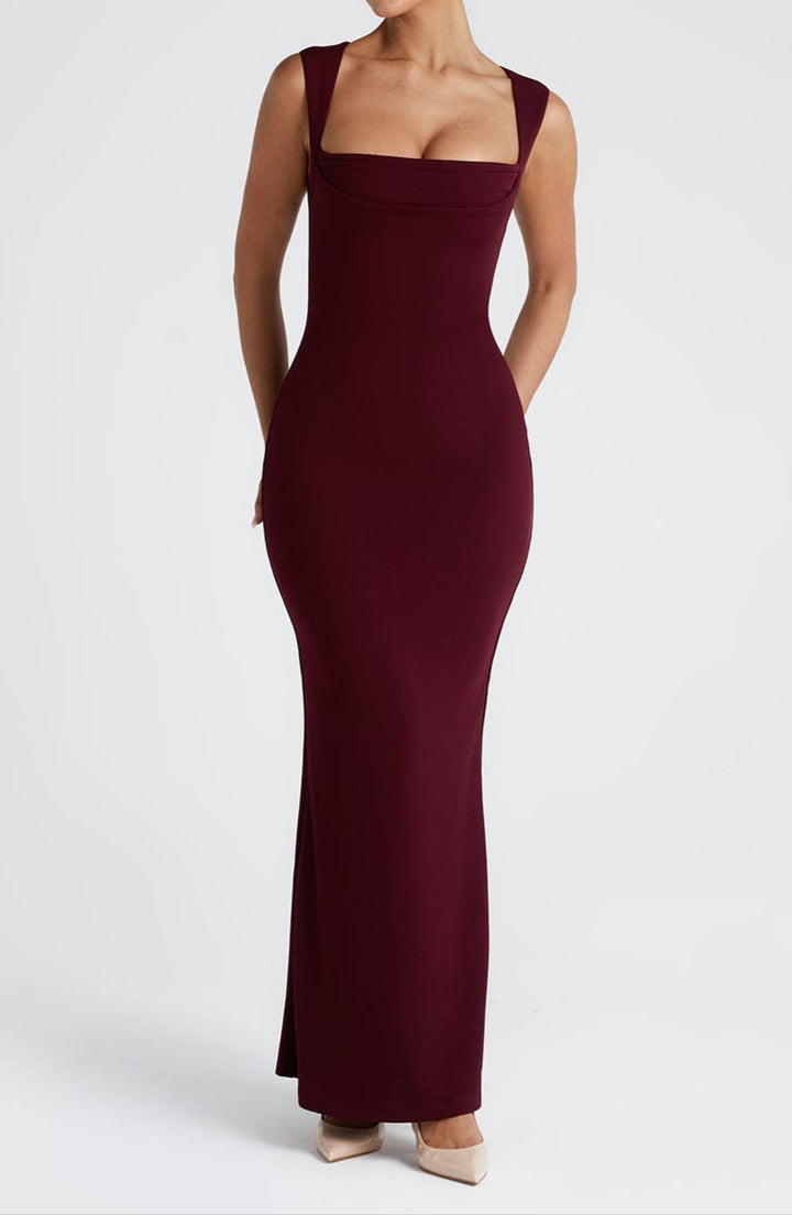 Versatile women's elegant square neck bodycon maxi dress, perfect for formal wear or a chic party.