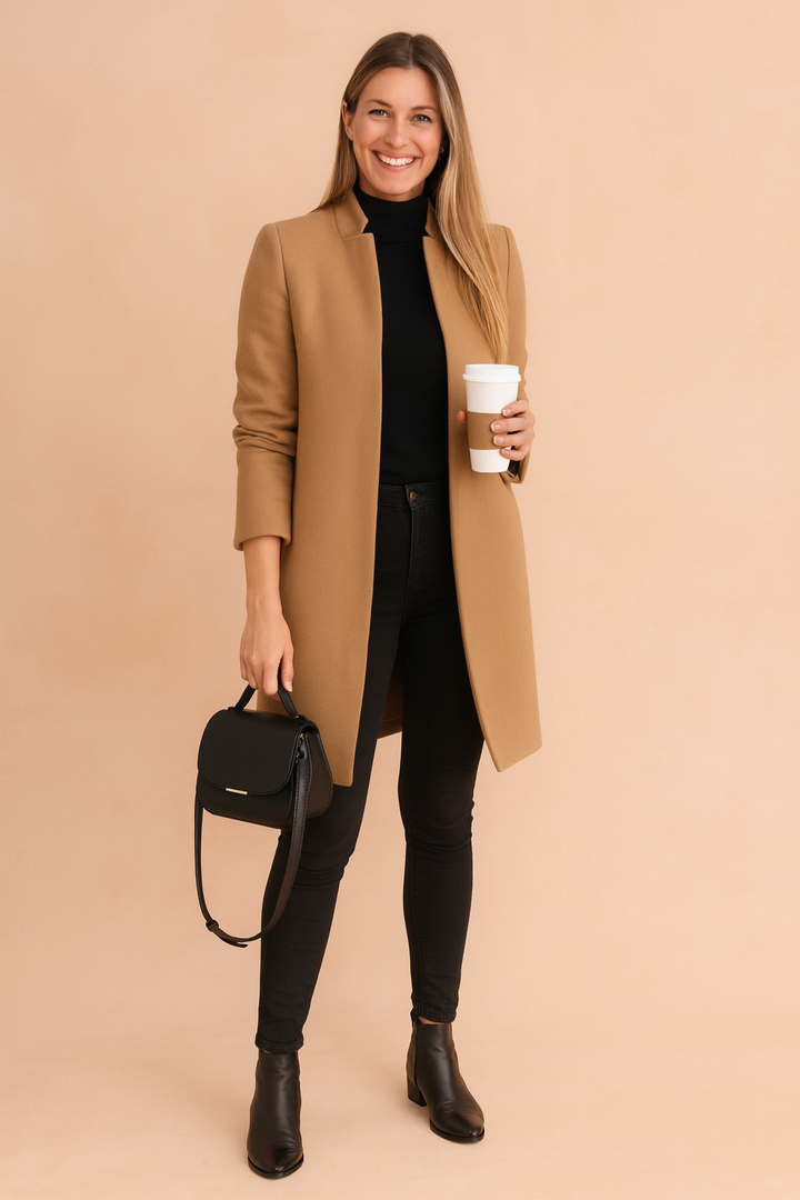 Elegant women's straight cut winter coat. Timeless outerwear for office or casual wear, offering comfort & style.