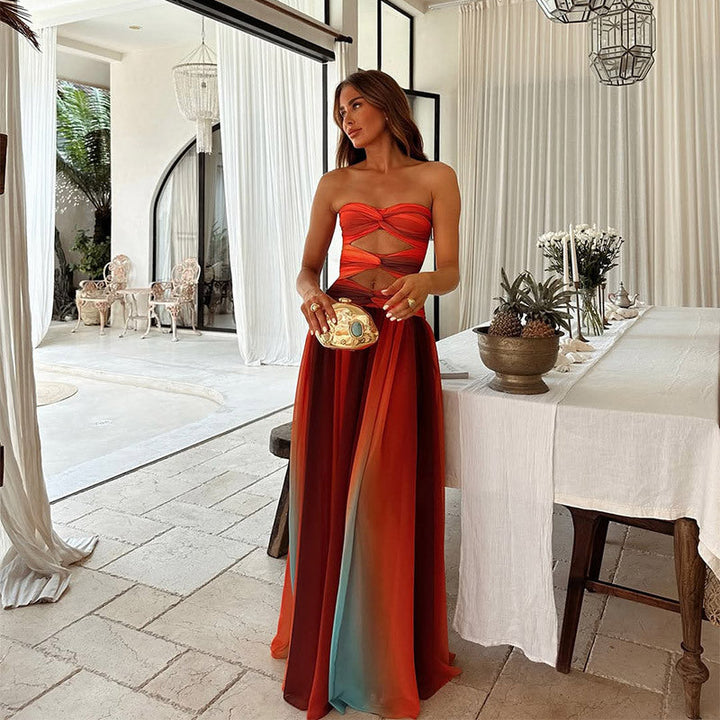 Elegant women's strapless maxi summer dress, perfect for evening wear or wedding guest attire.