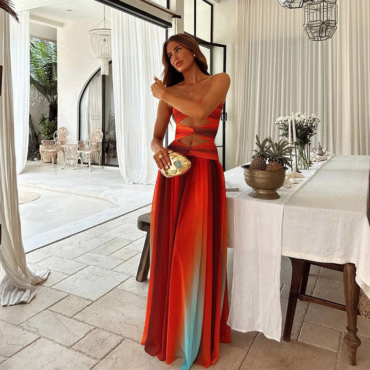 Stylish strapless maxi dress for women, ideal for elegant summer evenings, cocktail parties & events.