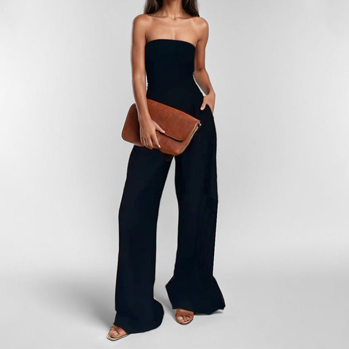 Elegant women's strapless satin wide-leg jumpsuit, perfect for evening wear & formal events.
