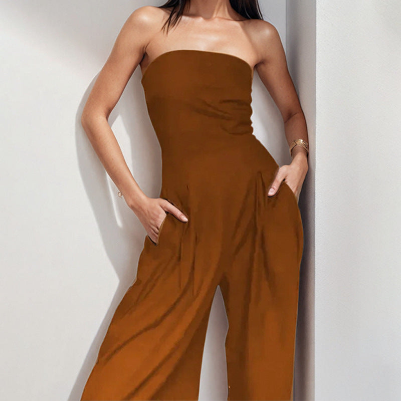 Chic women's strapless satin wide-leg jumpsuit, a stylish choice for parties or elegant fashion.