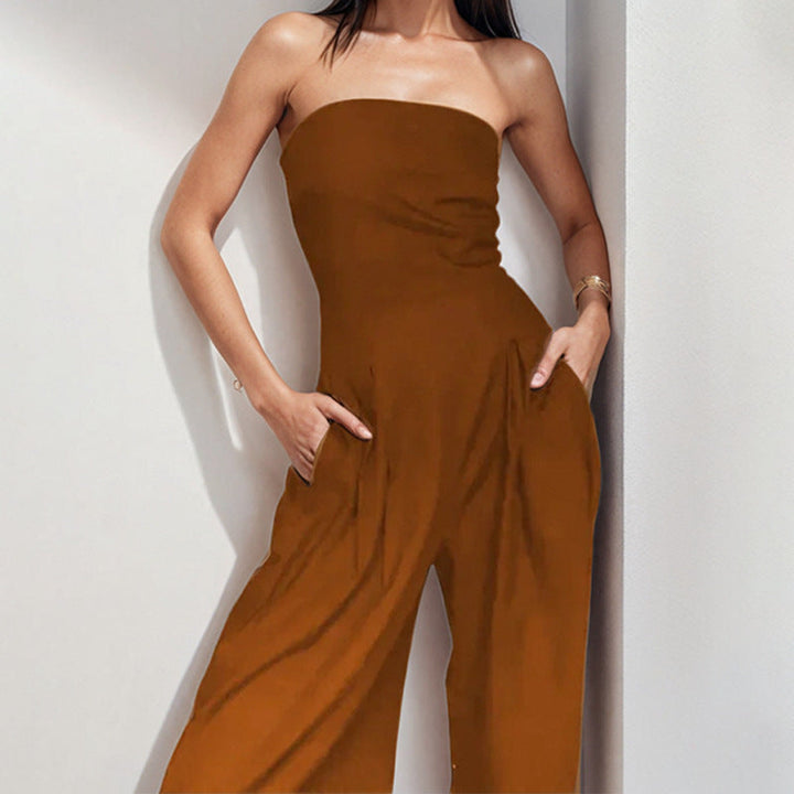 Chic women's strapless satin wide-leg jumpsuit, a stylish choice for parties or elegant fashion.