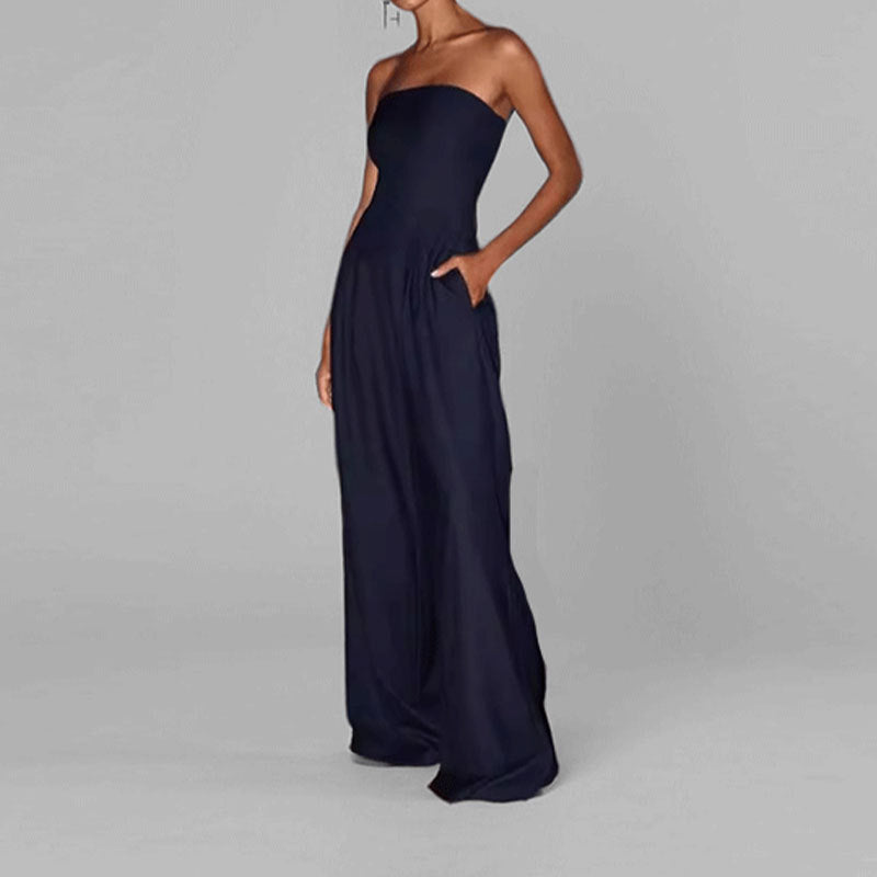 Luxurious strapless satin wide-leg jumpsuit for women, offering a sophisticated look for formal events.