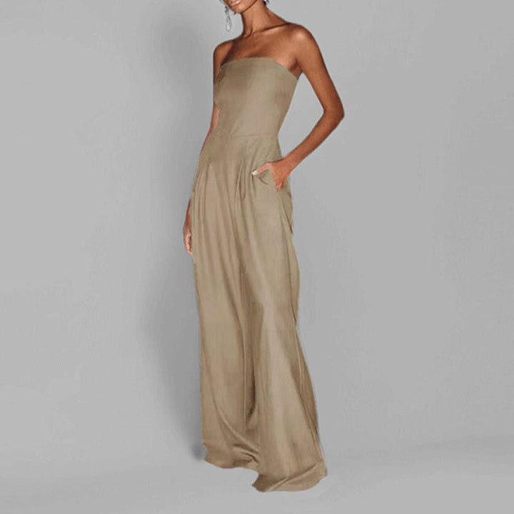 Fashionable women's strapless wide-leg satin jumpsuit, designed for effortless elegance and comfort.