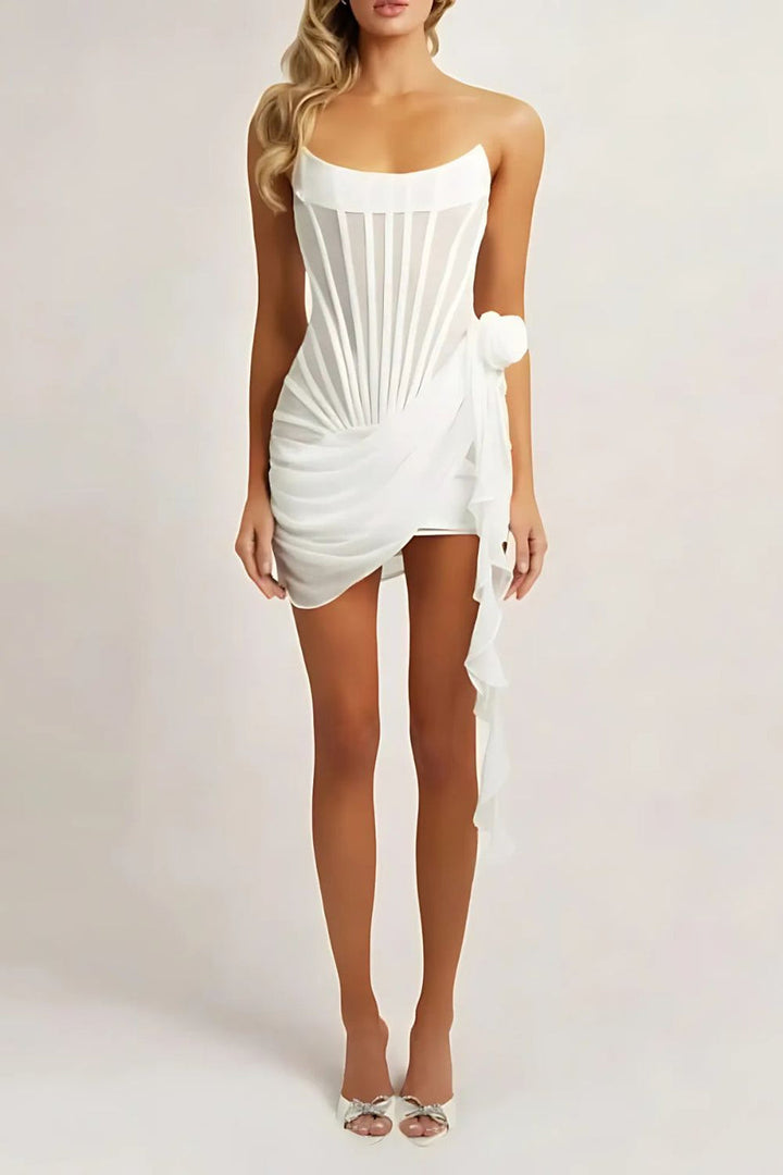 Fashionable women's sheer mini dress, strapless with a supportive boned corset. Stylish for evening wear & formal.