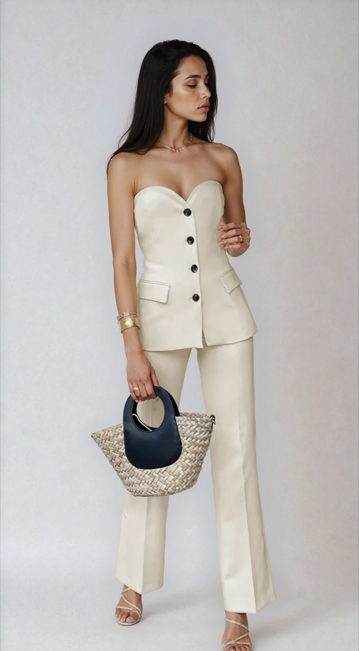Elegant women's strapless tube top and wide leg pants set, perfect for formal or evening wear.