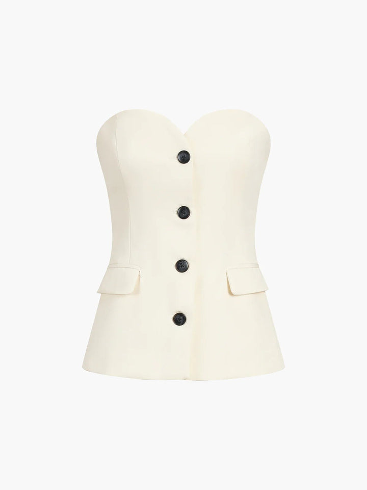 Business casual women's set featuring an elegant strapless tube top and stylish wide leg pants.