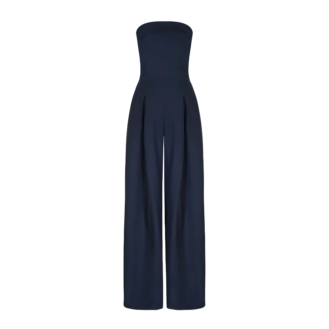 Women's strapless cotton wide-leg jumpsuit, a comfortable and elegant one-piece for casual or dressy occasions.