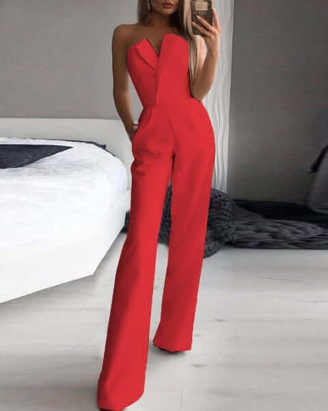 Elegant women's strapless wide-leg jumpsuit, perfect for evening wear or chic party outfits. Features pockets.